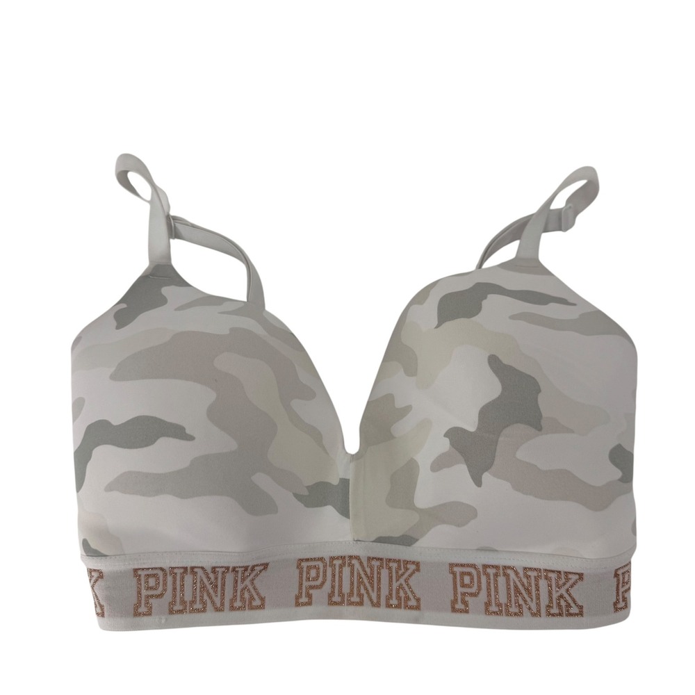 Victoria's Secret PINK Wireless Lightly Lined Bra 34DD Grey Camo Glitter Logo